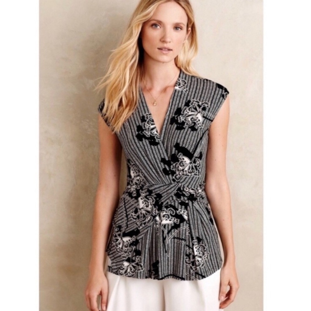Anthropologie Deletta black and white floral top